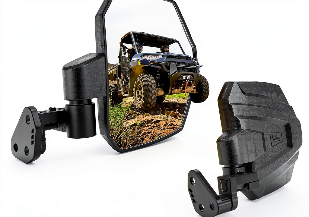 Installing KEMIMOTO UTV side mirror on a Polaris Ranger A‑pillar, showing tool setup