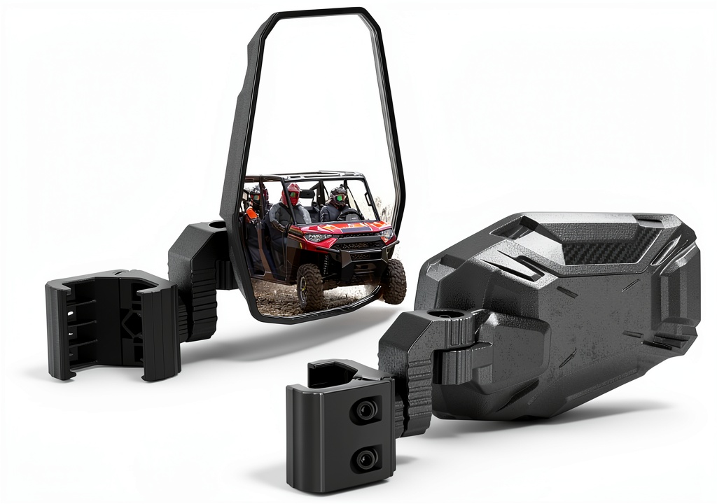 Installing KEMIMOTO UTV side mirror on a workbench with tools and the UTV frame